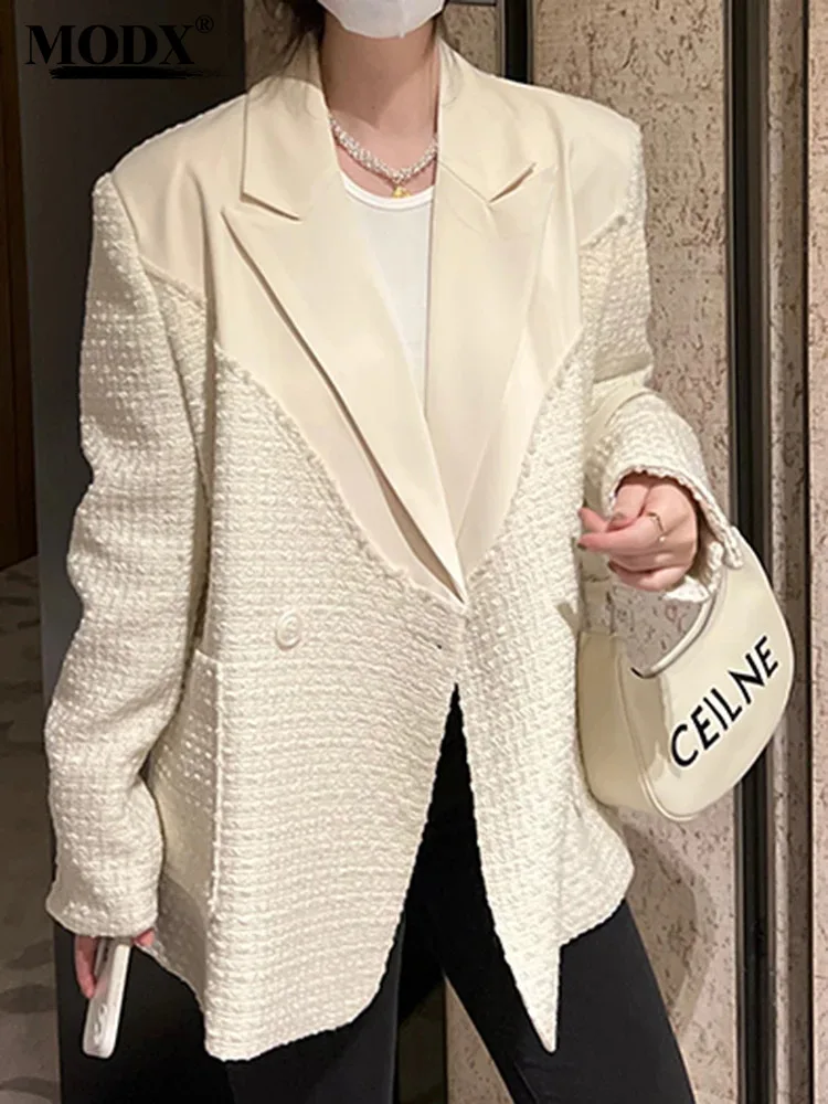 

[MODX] White Splice Burr Casual Blazer Women New Lapel Long Sleeve Loose Fit Jacket Fashion Tide Spring Autumn 2024