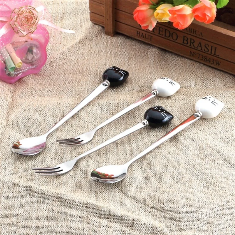 

1pc/8pcs Fruit Fork Spoons Flatware Kitchen Tool Ice Cream Cartoon Spoon Stainless Steel Long Coffee Cat Handle Ceramic