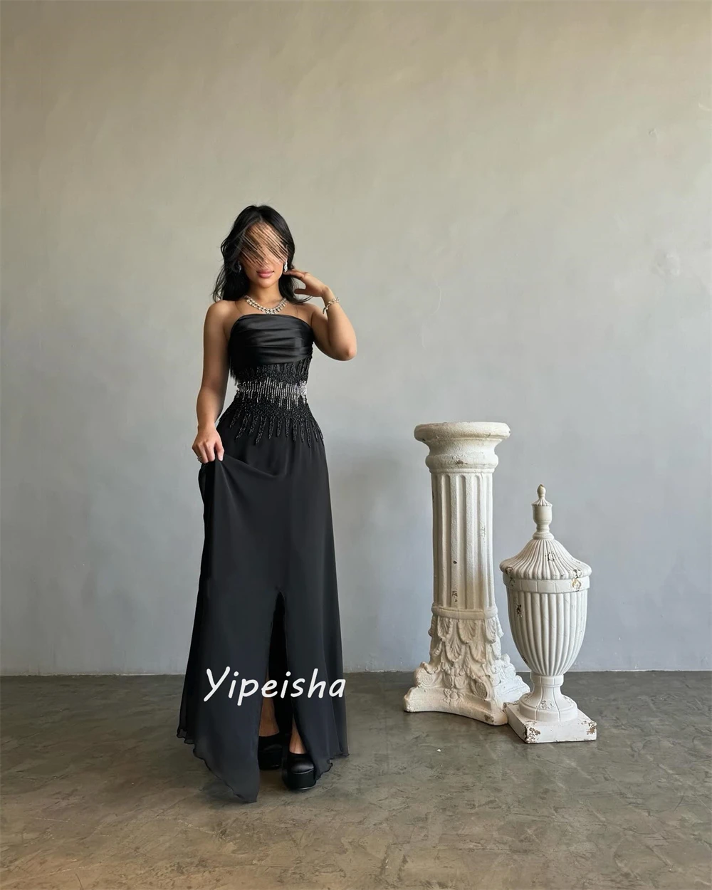 Customized Yipeisha Matching Fashion Strapless A-line Beading Shirred Floor length Skirts Charmeuse es