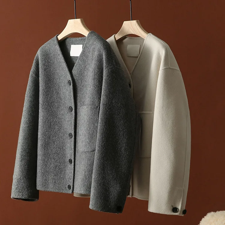 

V-collar pocket loose double-sided woolen coat women