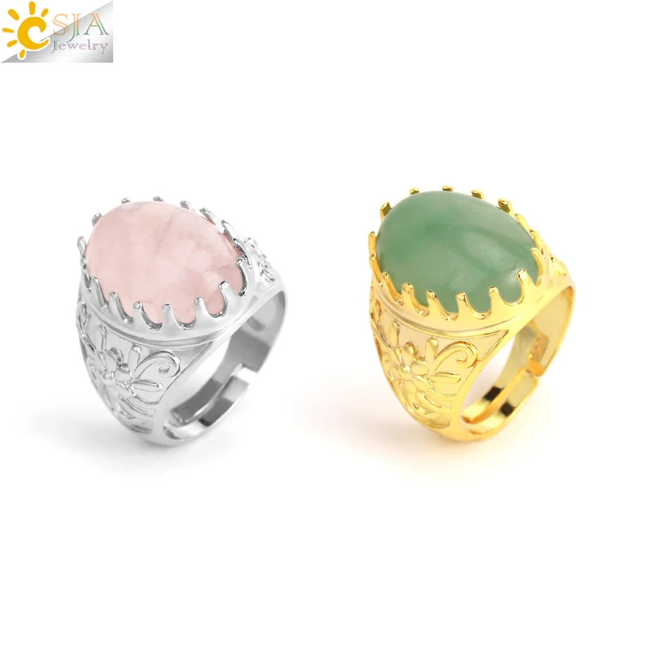 CSJA Trendy Natural Stone Egg Shape Ring for Man Reiki Tiger eye Pink Quartz Crystal Finger Rings Party Wedding Jewelry H442