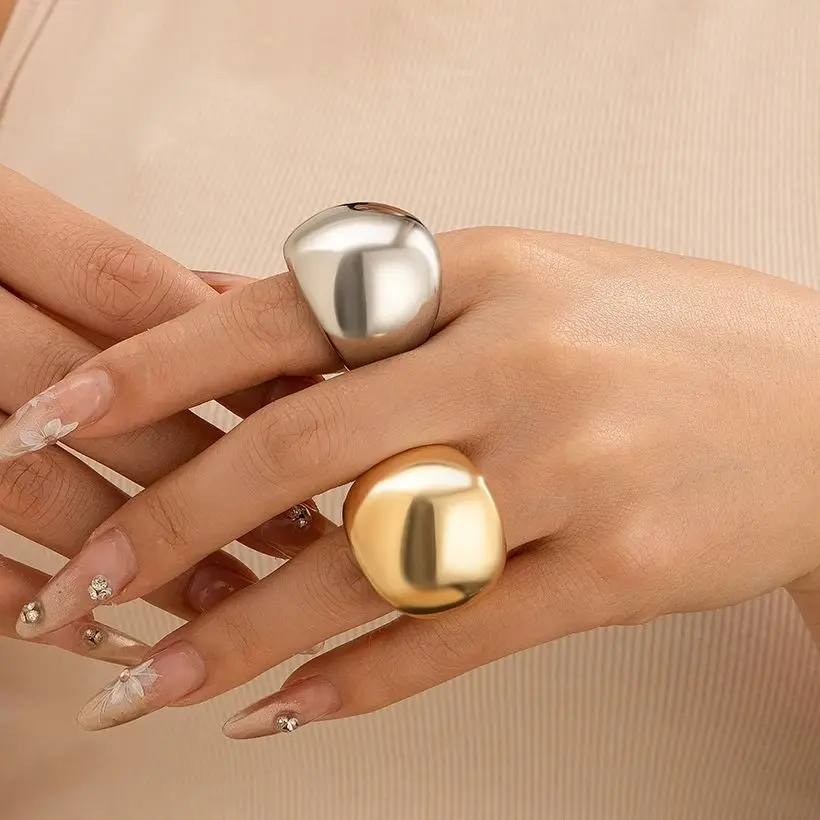 KunJoe Exaggerate Big Round Geometric Rings for Women Punk Retro Gold Color Acrylic CCB Finger Ring Trend Party Wedding Jewelry