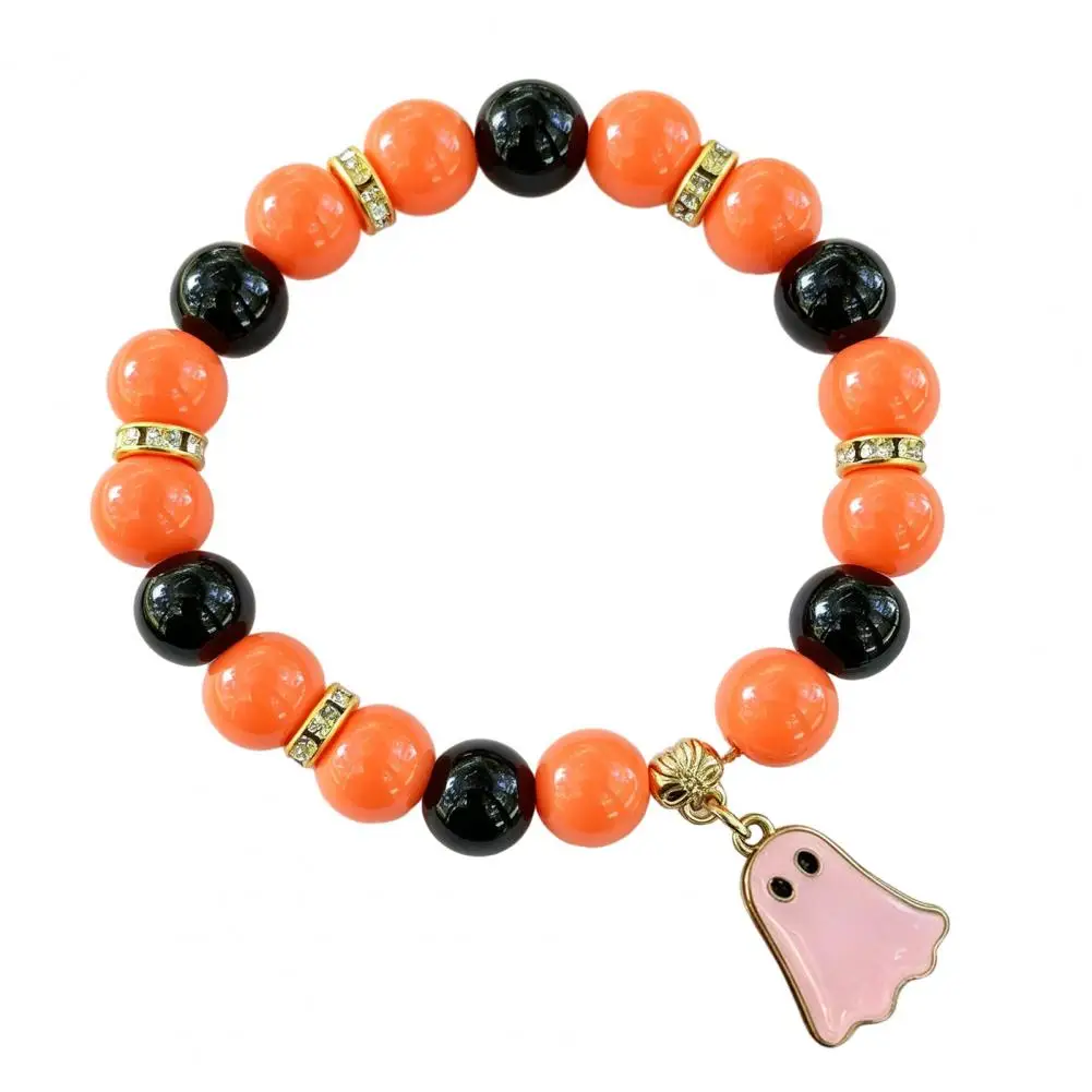 Comfortable Stretch Bead Wristwear Halloween Beaded Bracelet for Women Orange Black Stretch Bracelet with Ghost Charm Stackable
