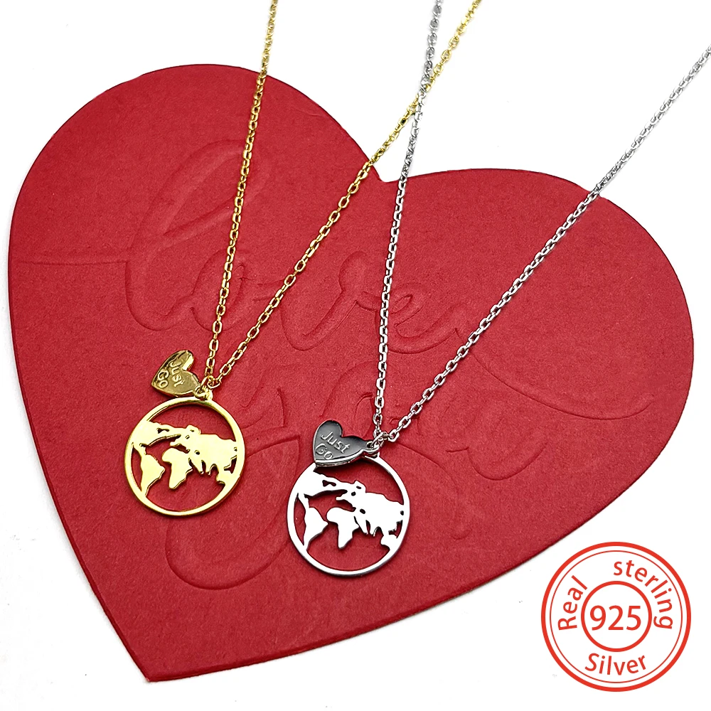 

World Map Just Go Free Chain For Women Men Bff 925 Sterling Silver Art Party Fashion Love Necklace Jewelry Valentine's Day