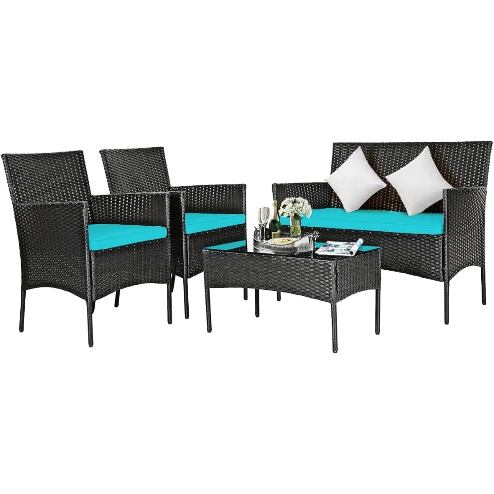 

4 Pieces Patio Furniture Set, Rattan Conversation Set with Coffee Table & Cushions, Outdoor Wicker Sofa Set for Poolside