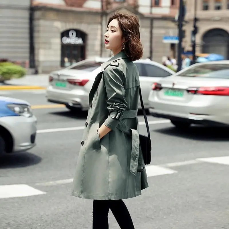 Women's Summer Windbreak Overcoat Long Trench Coats with Belt Female Double Breasted Solid Color Office Lady Streetwear M476