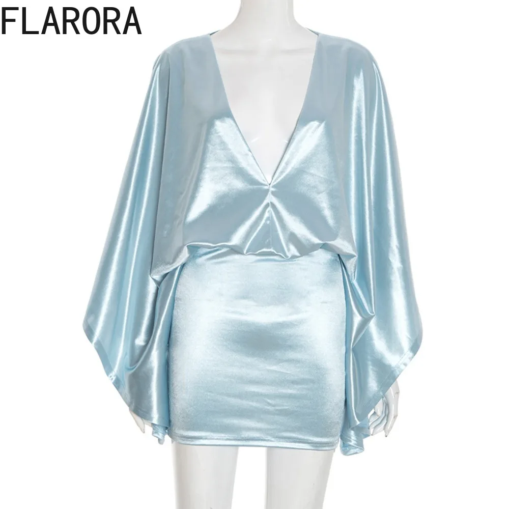 FLARORA Elegant Satin Solid Color Mini Dress Woman Patchwork Flare Sleeve V Neck Peach Hip Dresses Sexy Party Clubwear Vestidos
