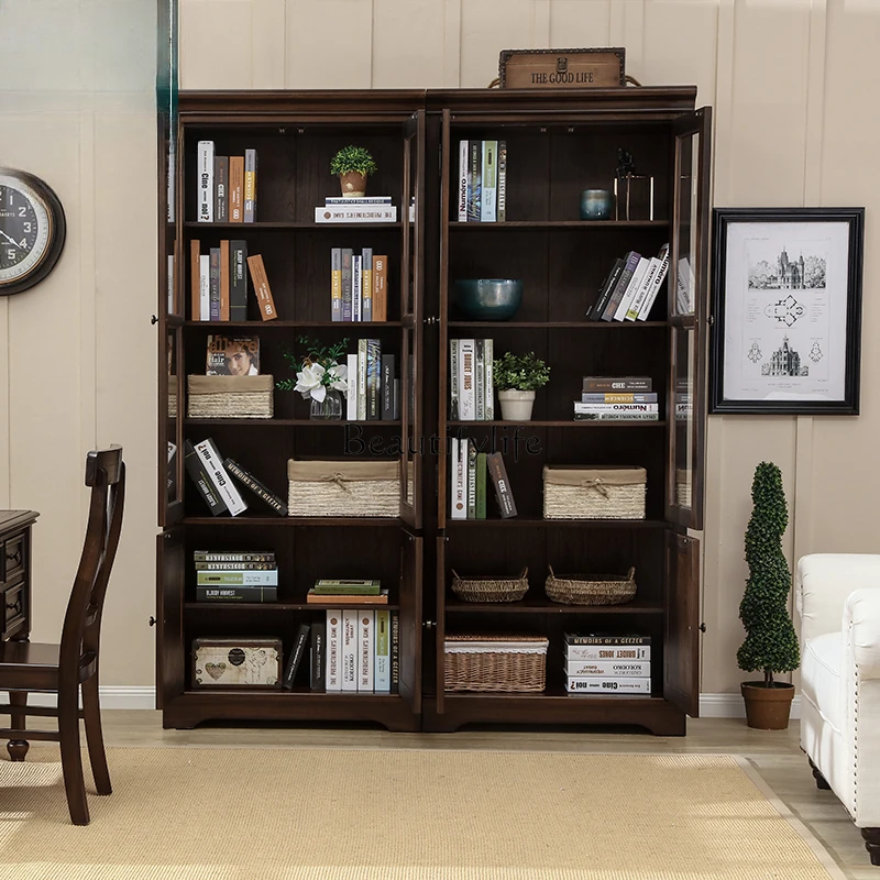 

01American solid wood retro bookcase combination black walnut