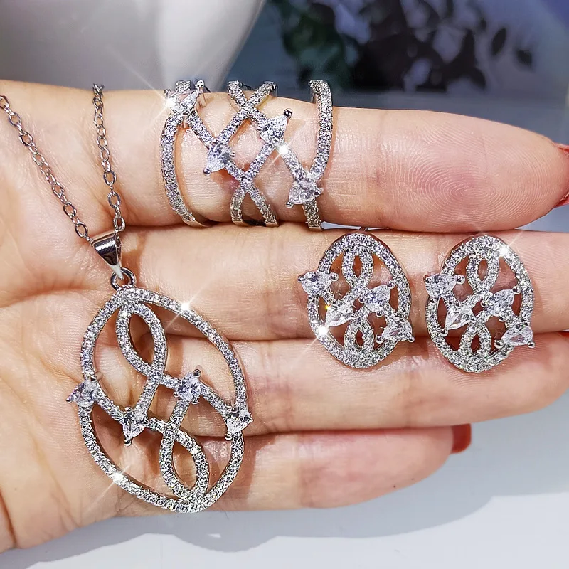 Creative Vintage Tree Leaf Earrings Ring Necklace Three Piece Set 925 Silver For Ladies Zircon Ring Necklace Party Jewelry Gift