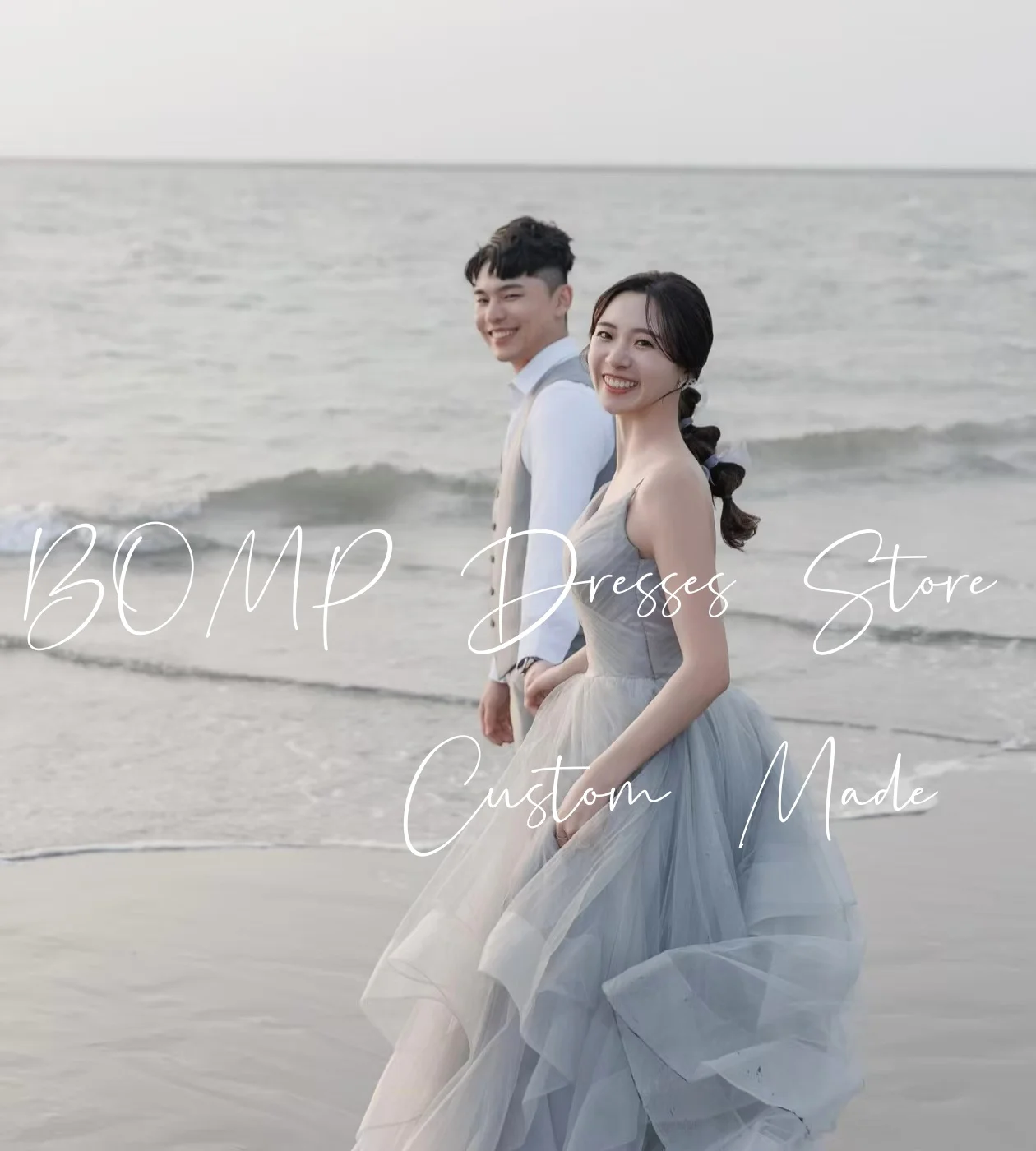 BOMP 우아한 블루 웨딩 드레스 스파게티 스트랩 백리스 바닥 길이 Tulle Korea 사진 촬영 신부 리셉션 가운 맞춤형