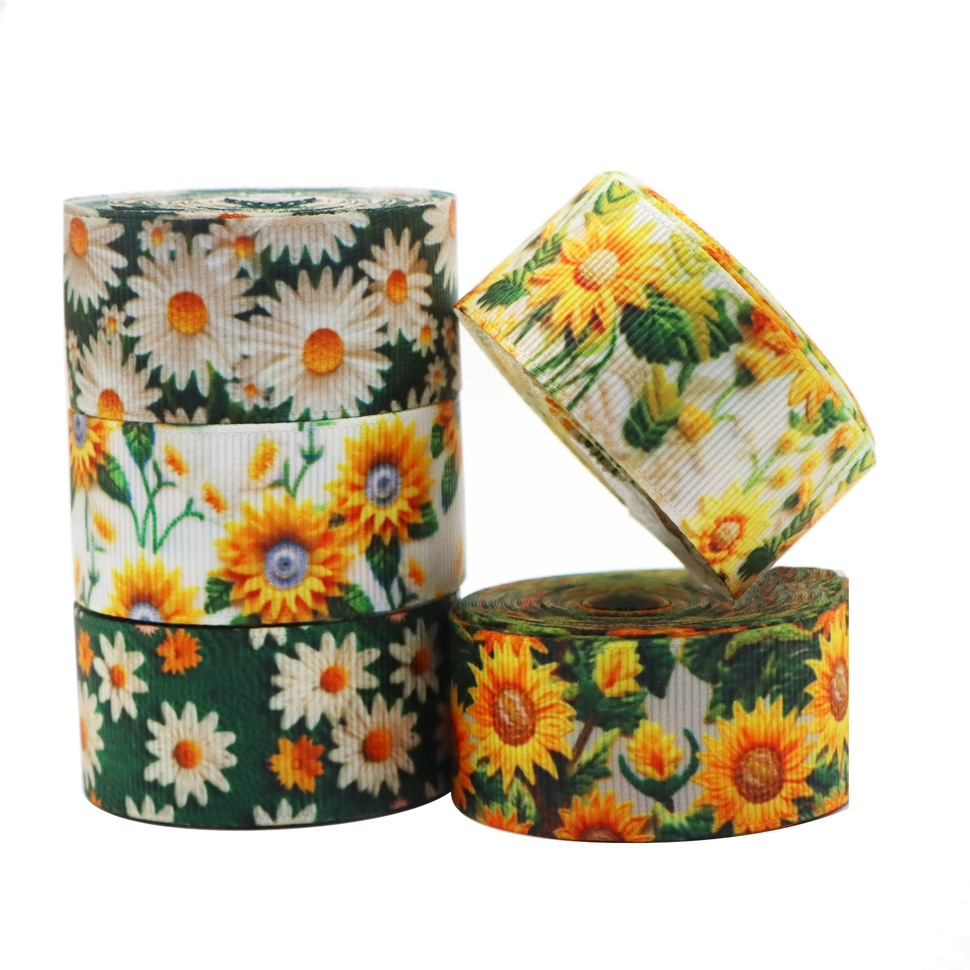 25yards/set Faux Imitation Embroidery Sunflower Daisy Flower Printed Grosgrain Ribbon Roll Set 25mm/1in Ribbon For Gift Wrapping