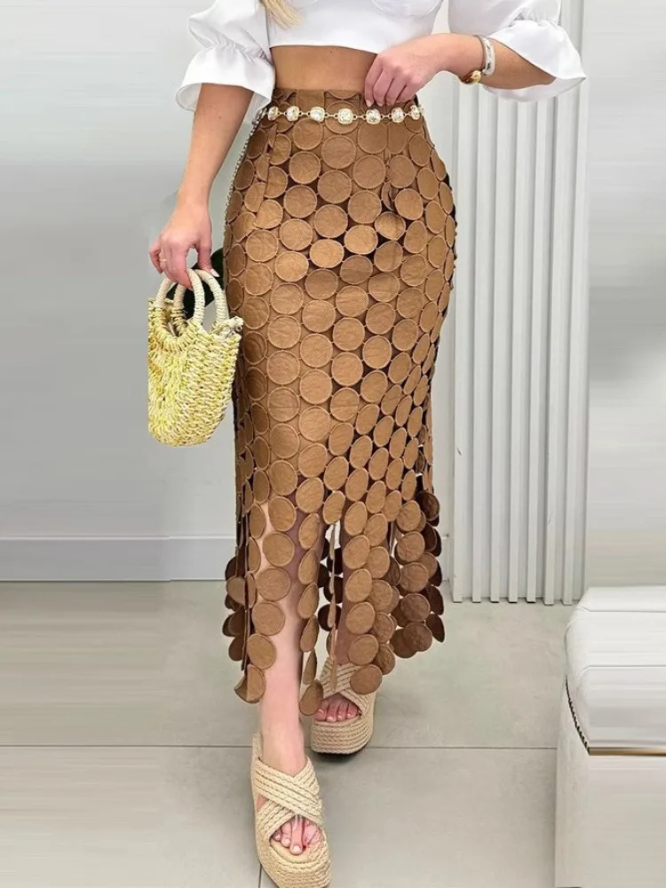 

Gymystars Women's Long Skirts Fashion High Waisted Solid Color Split-Joint Embroidered New Casual Female Tasseled Skirts Office