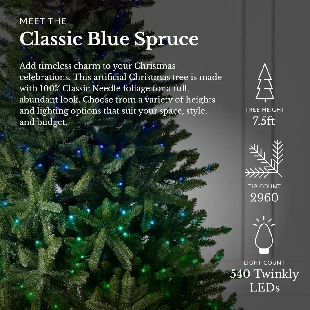 7.5ft Artificial Christmas Tree with Twinkly Light Show, Pre-Lit Classic Blue Spruce Christmas Tree