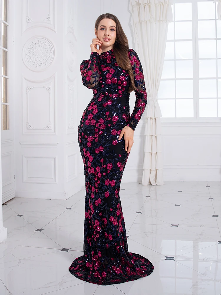 

Elegant Celebrity Dress High Neck Full Sleeve Luxury Sequin Flowers Bodycon Evening Party Dress Cocktail Prom Gown Pink Gold NEW