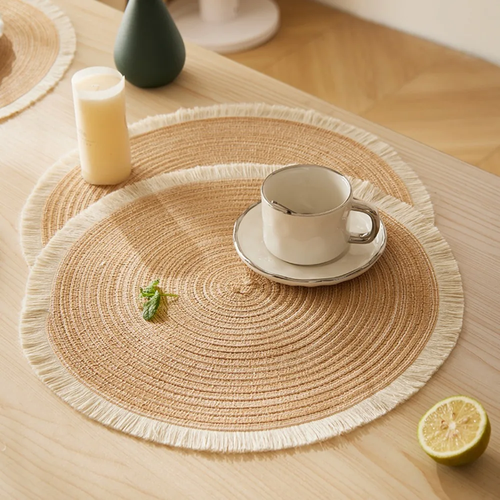 

C2 4Pcs Set 38cm Placemat Household Non Slip Table Decoration Protection Mat Woven Placemat Round Anti Scalding Table Pot Mat