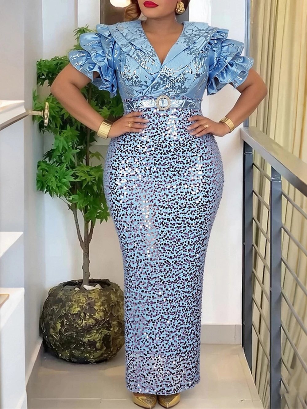 African Luxury Sequin Dresses Wedding Guest Gown Elegant Women Dashiki Africa Clothing Birthday Graduation Anniversary Dress