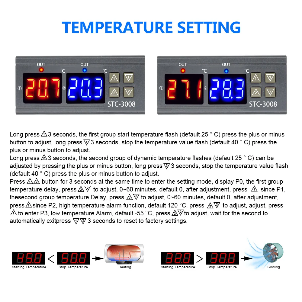 STC-3008 Dual Digital Temperature Controller Two Relay Output DC 12V/24V AC 220V Thermoregulator Thermostat With Heater Cooler