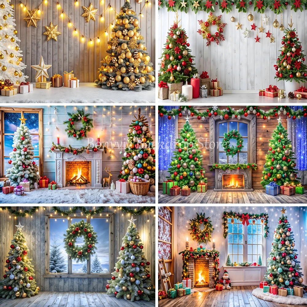 Bonvvie Christmas Backdrop Xmas Tree Fireplace Gift Window Family Baby Portrait Photography Background Party Decor Photo Studio