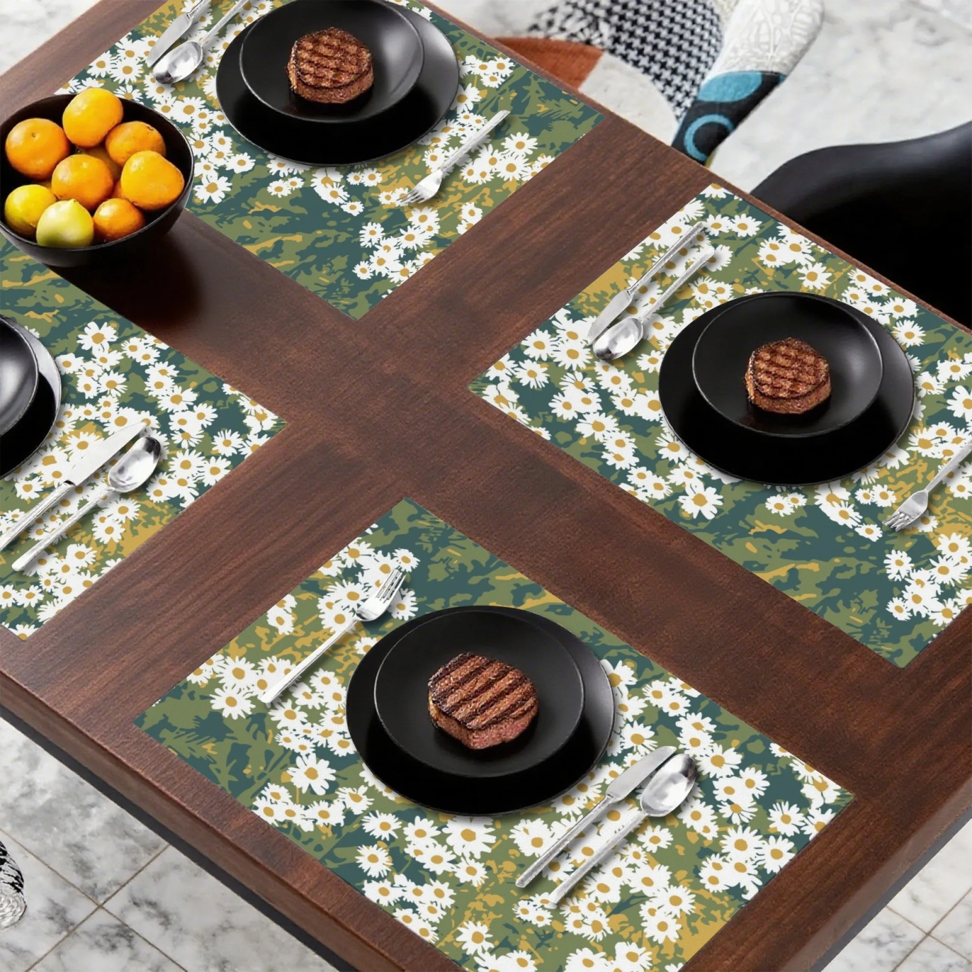 Tovaglietta per pasto leggero rurale francese e tè pomeridiano Margherita Elementi naturali a base verde Tovaglietta per decorazioni abbinate per feste di yogurt di bacche