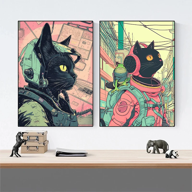 الحديثة البوب نمط الفضاء القط المدينة الكونية المصور الملصقات قماش الطباعة القط الفن الخيال العلمي خمر الجمالية جدار ديكور المنزل #4