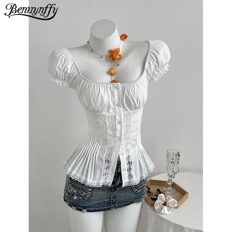 Benuynffy White Sweet Low-cut Puff Sleeve Lace Shirt Women 2026 Summer Solid Color Button Front Pleated Slim Female Tops Blouses
