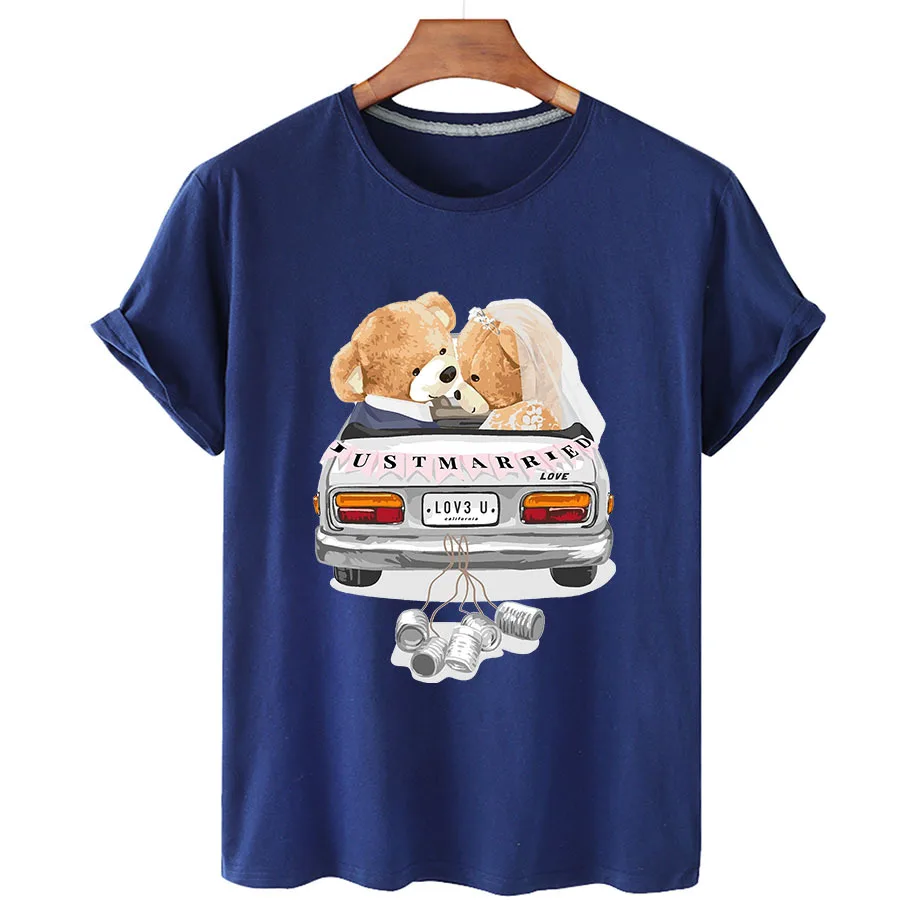 100% Cotton Wedding Bear T Shirts Summer 2022 T Shirts Women Short Sleeve O Neck T Shirts Unisex Plus Oversized Women T Shirts