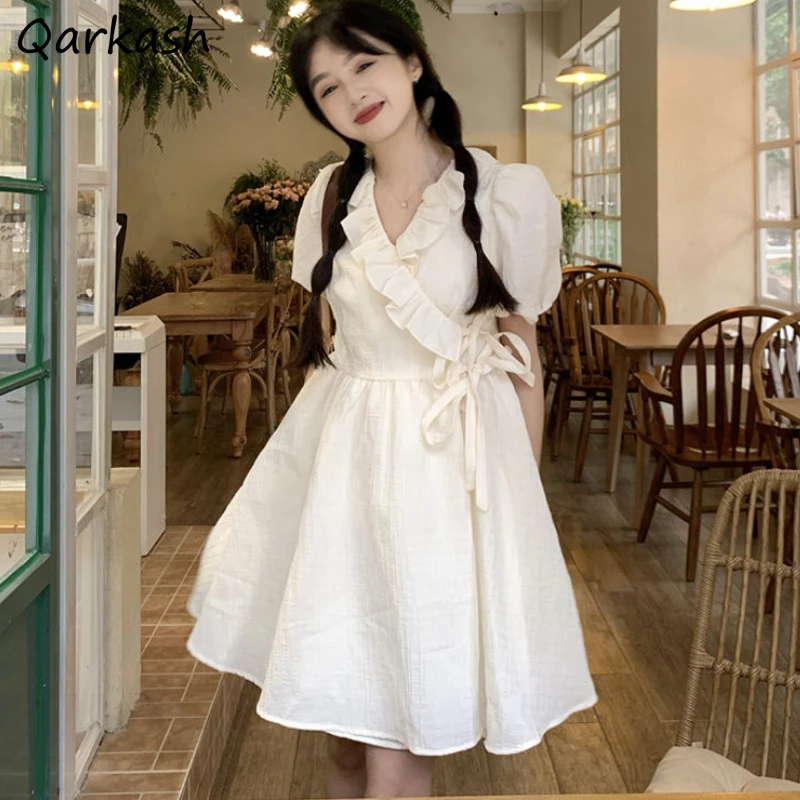 

Dresses Women Pure Bandage Elegant Sweet Puff Sleeve Korean Style Colleges Fashion Simple Design Daily Summer Vestidos Casual