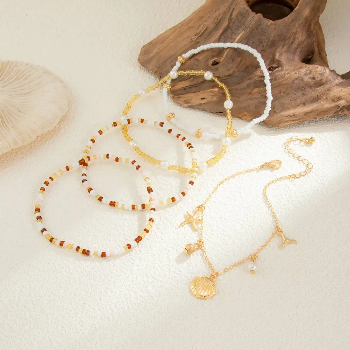 Ingemark 5 unids/set verano playa vieira colgante tobillera mujer exquisita Boho perlas de imitación arroz cuentas pie cadenas joyería regalo