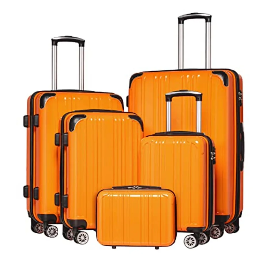 

5 Piece Luggage Set for Travel Durable PC+ABS Hardshell Suitcase in Orange Lightweight Carry-On with Dual Spinner Wheels TSA Lo