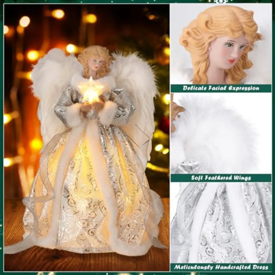 12-calowy aniołek na szczyt choinki z białymi piórami i podświetleniem LED, idealny do dekoracji świątecznych w domu.