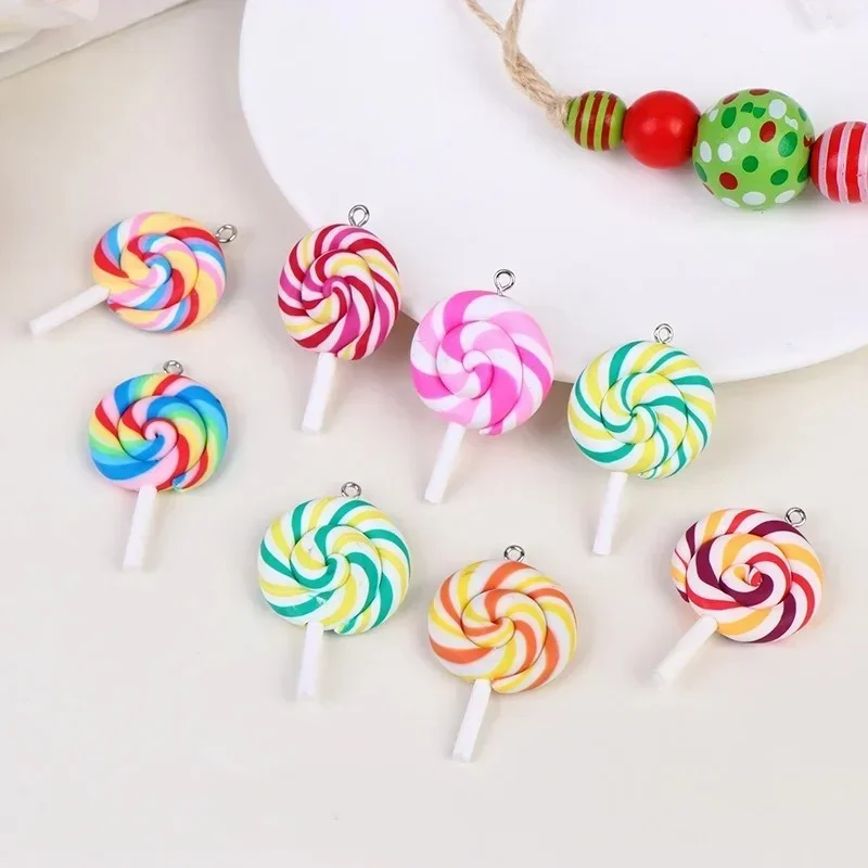 10Pcs Girls Lovely Random Color Soft Clay Lollipop Charms Simulation Candy Pendants For Handmade Necklace Earring Decor - view 2