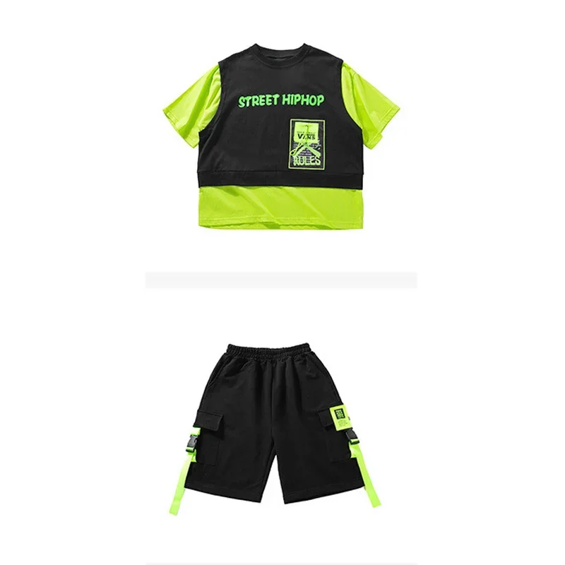 Boys Hip Hop Clothing Fake Two-piece Top Black Short with Fluorescent Ribbon for Girls Kids Jazz Dance Costume Clothes Set