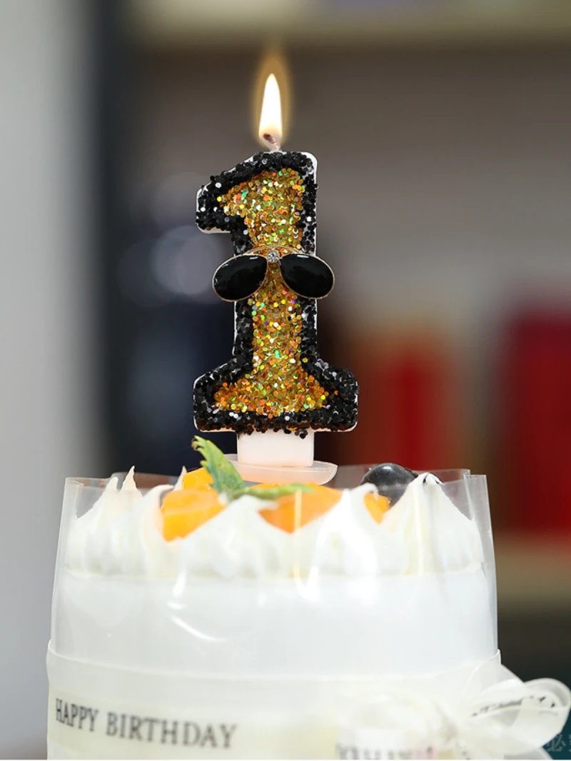 Y Children Birthday Candles 0-9 Number Yellow Sequins Candle with Sunglasses Festive Candle for Anniversary Cake Party Celebrate