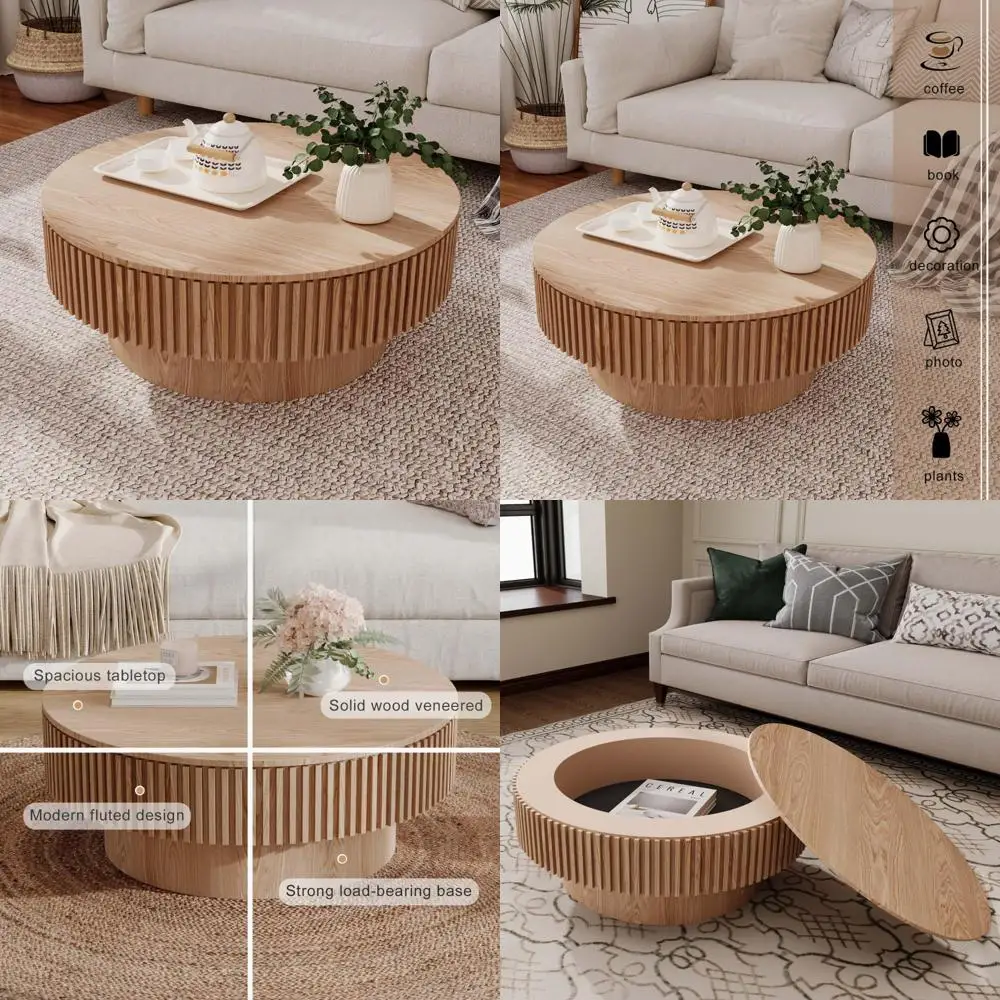 

Современный деревянный круглый журнальный столик с местом для хранения вещей, акцентный стол из цельного шпона для гостиной