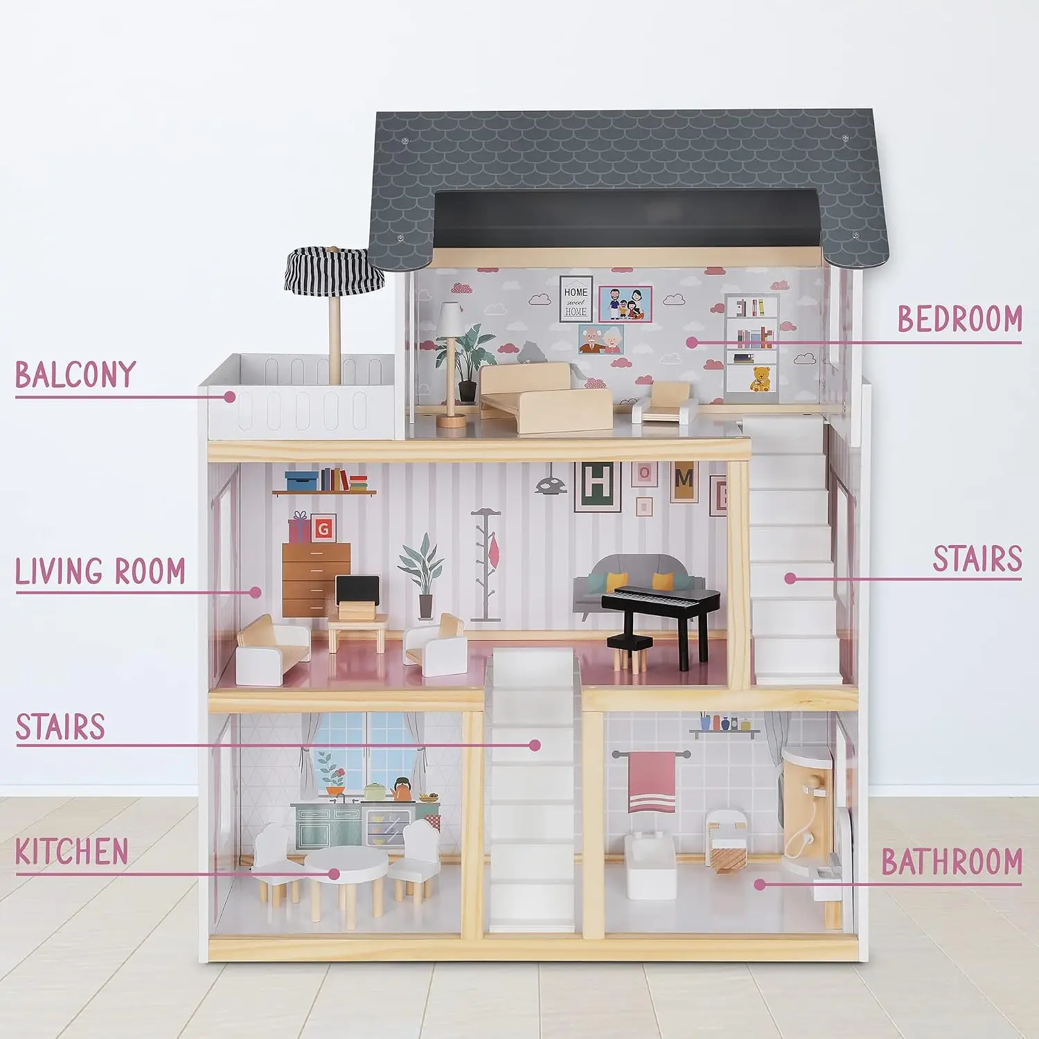 Wooden Dollhouse, 3-Story, Balcony & Stairs, 17-Pc Set