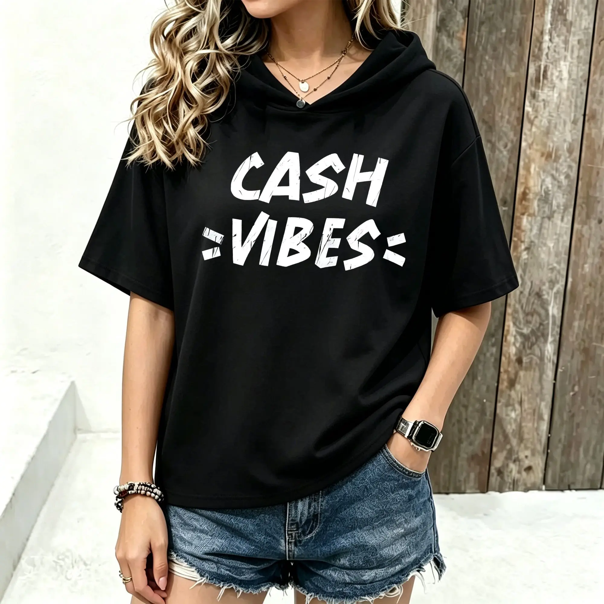 Women Short Sleeve Hoodie Cash Greater Than Vibes Distressed Letter Print Spring Summer Casual Loose Hooded Tops