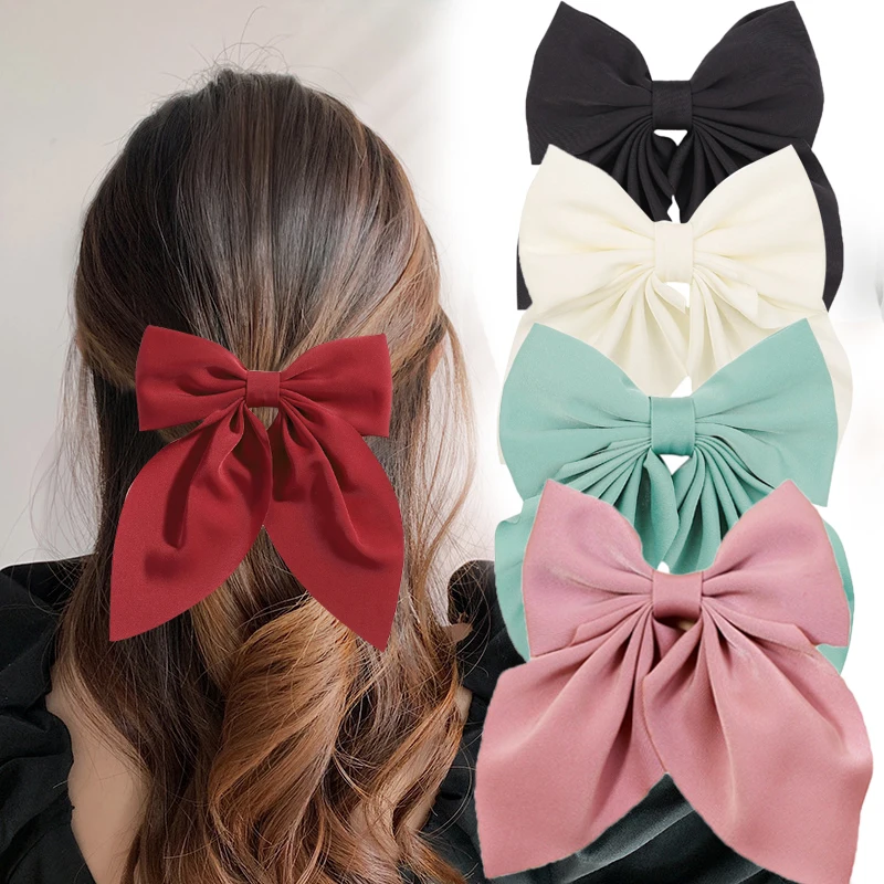 Solid Color Satin Bowknot Hair Clips For Girls Sweet Bow Women Hairpins Butterfly Barrettes Duckbill Clip Kids Hair Accessories