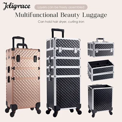 Makeup Trolley Case Detachable 4 in 1 Alloy Train Briefcase for Nail Manicure on Wheels Lock Salon Large Capacity Storage Case