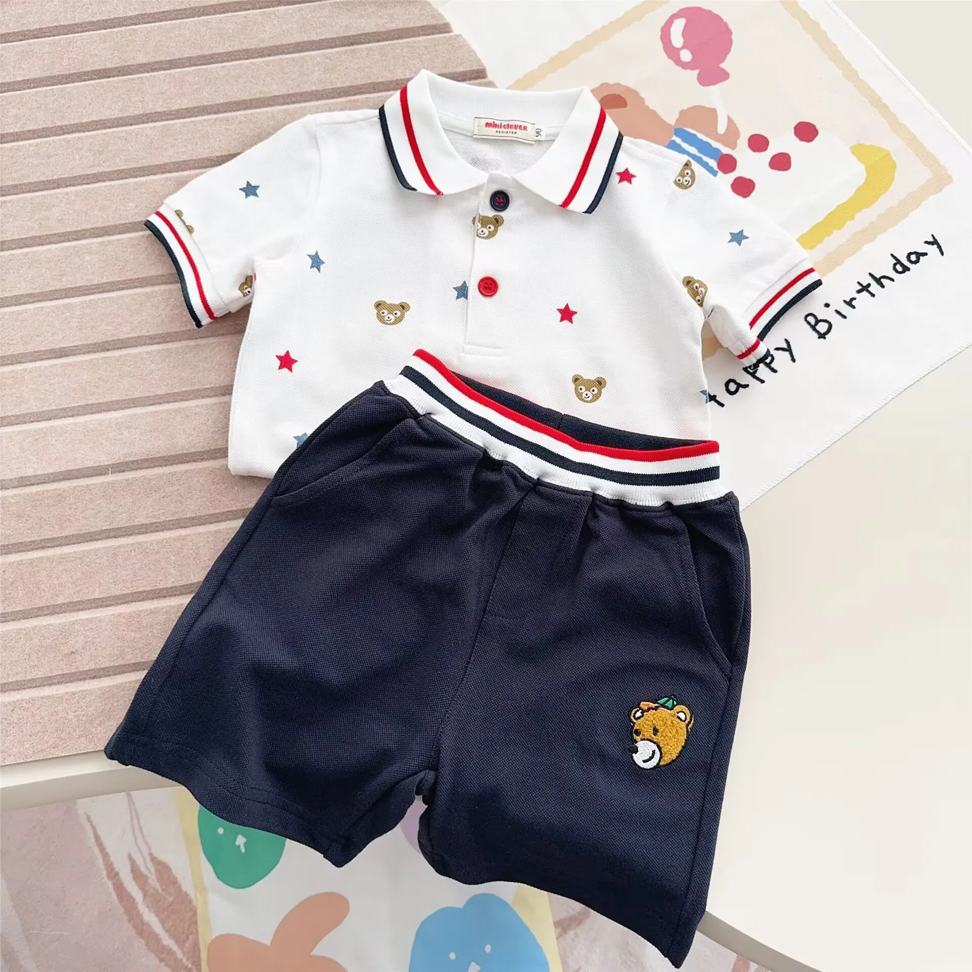 

2025 Summer Boys Girls Polo T-Shirt + Shorts Set 2-8Y Clothes Set Cotton Cartoon Embroidery Bear Short Sleeve Kids Outfit