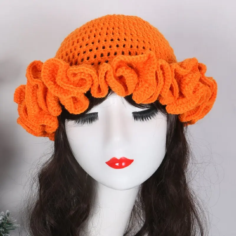 Handmade Knitting Pullover Hat Muli-color Lace Lotus Leaf Edge Woolen Hat Fashioable Street Style Hip-hop Hat