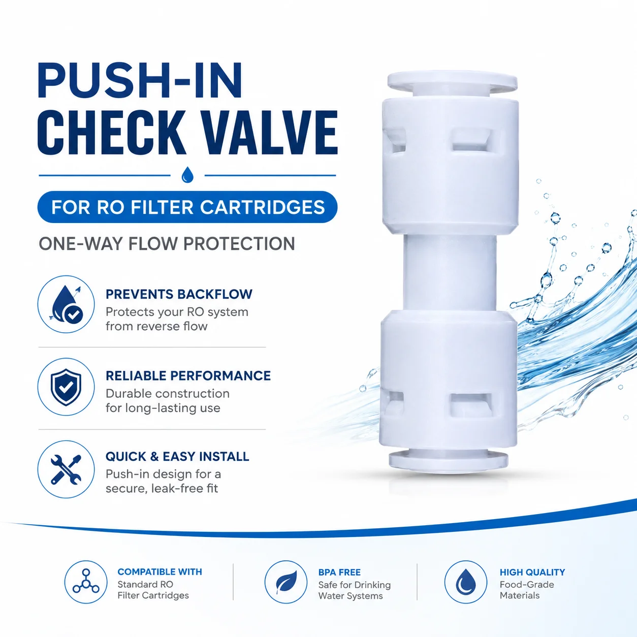 Check Valve Push In For Non Return Water Reverse Osmosis System Filters 1/4