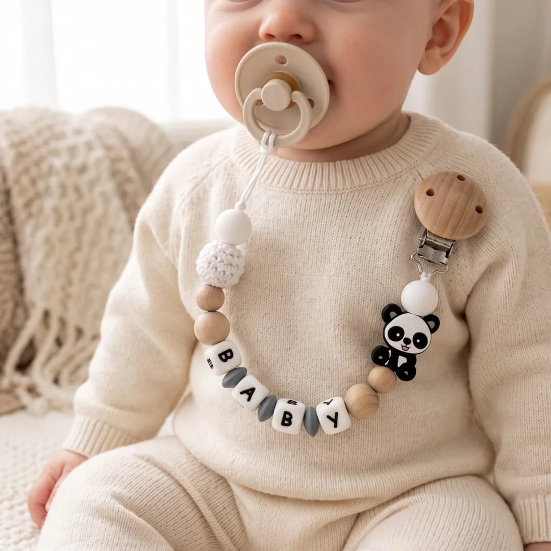 Custom Name Baby Pacifier Clip Wood Silicone Teether Holder Panda Dummy Chain BPA Free Handmade Soother Leash Newborn Gift