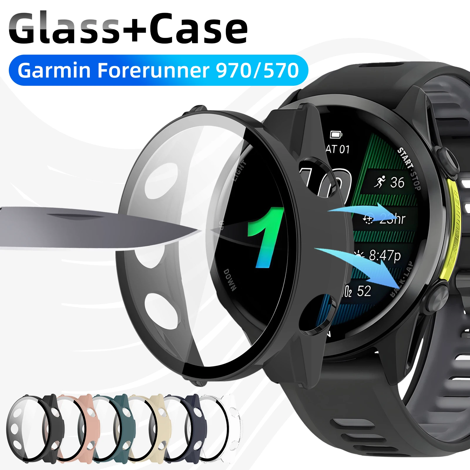 

Glass+Case for Garmin Forerunner 970 570 42mm 47mm Tempered Glass Screen Protector & Hard PC Protective Bumper Accessories