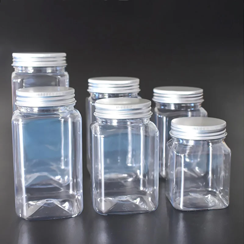 Transparent Plastic Bottles Storage Jars with lids Aluminum Cap Tin Pot Clear Empty Cosmetic Containers for Kitchen Home Storage