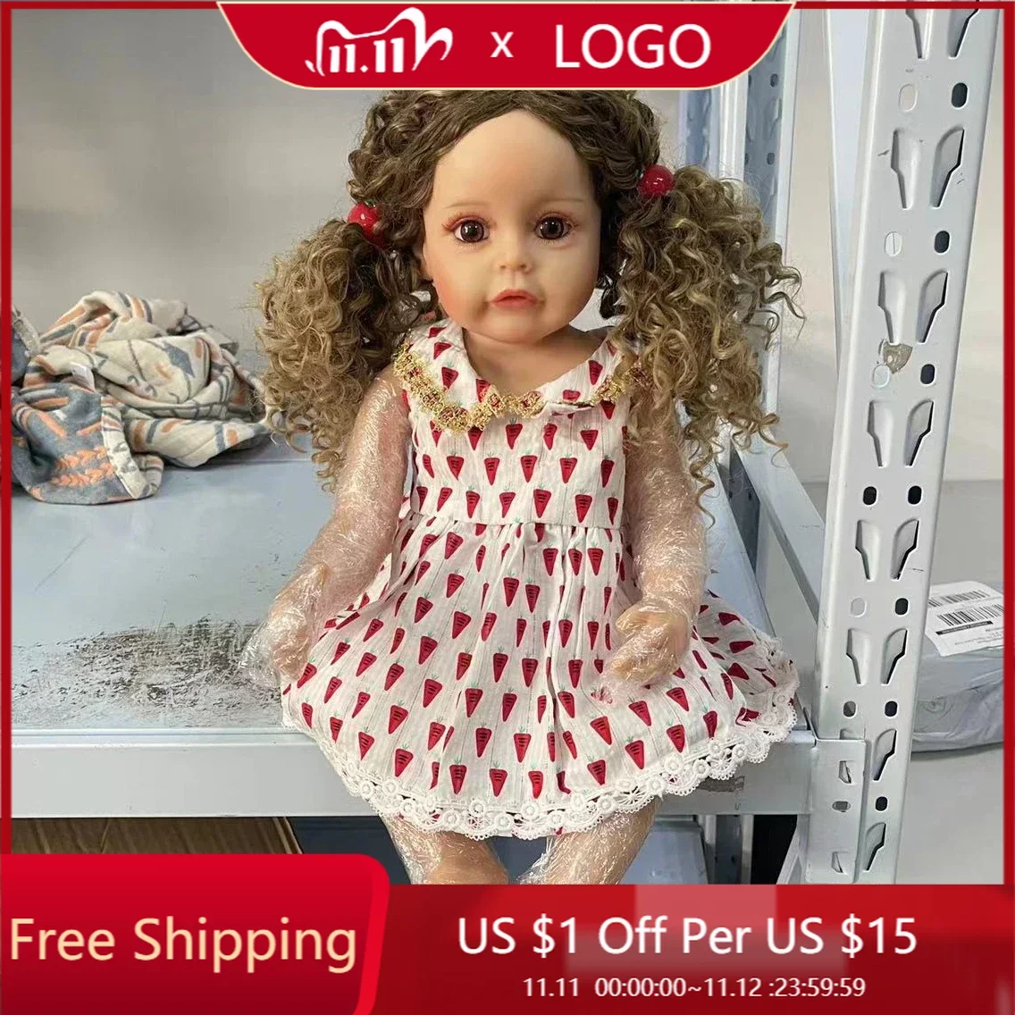 

55CM Reborn Toddler Doll Girl Sue-Sue Hand-detailed Painting Rooted Curly Hair Waterproof FUll Silicone Body Dolls for Girls