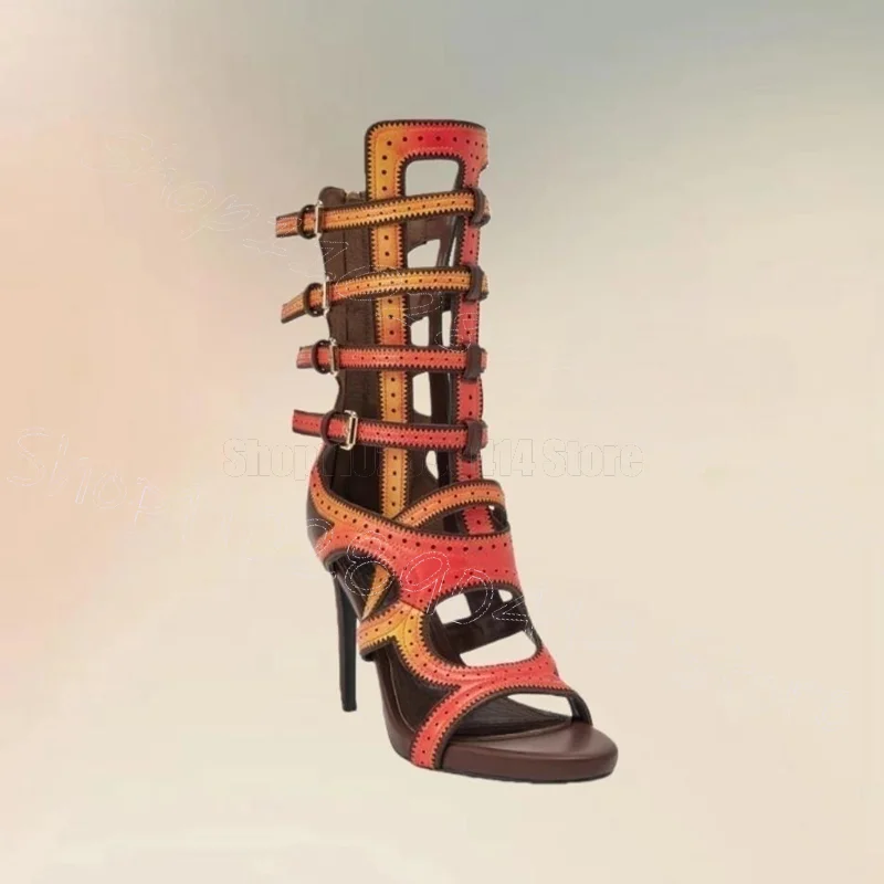

Orange Hollow Carving Design Open Toe Sandals Back Zipper Women Shoes Thin High Heels New Party Dating 2026 Zapatos Para Mujere