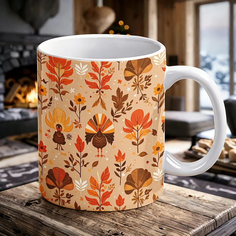 

All-Over Print Cartoon Turkey & Fall Foliage Ceramic Coffee Mug, Orange Autumn Leaves&Flowers Novelty Tea Cup，Gift for a friend