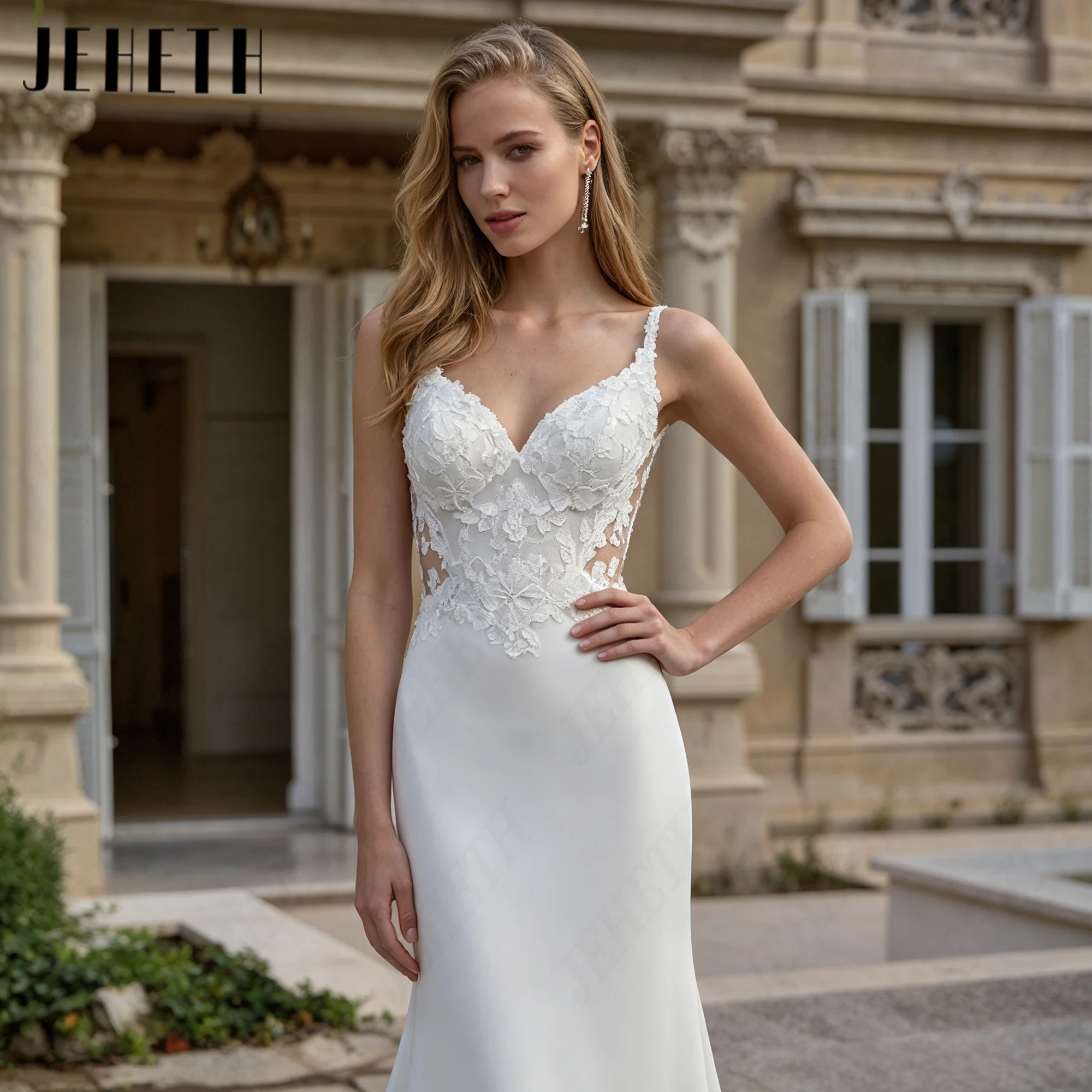 JEHETH V Neck Exquisite Wedding Gown With Pearls Lace Appliques Personalized Bridal Dress Sweep Train Illusion Bride Dresses