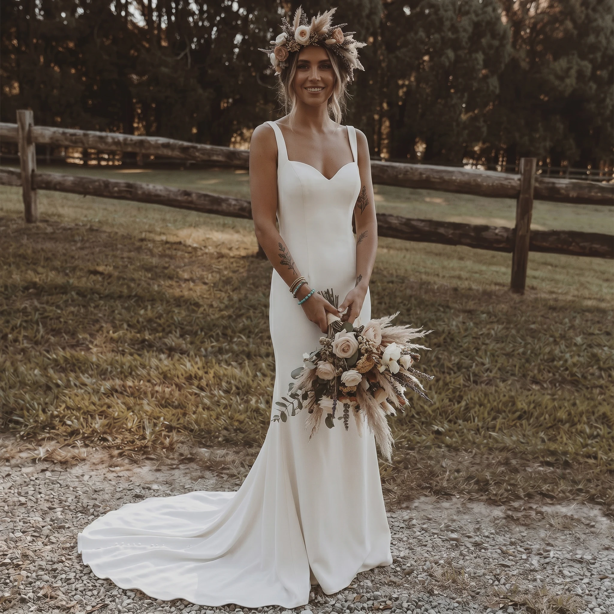 Wide Strap Sweetheart Satin Mermaid Wedding Dress Deep Low Back Pearl Button Chapel Train Minimalist Bridal Gown