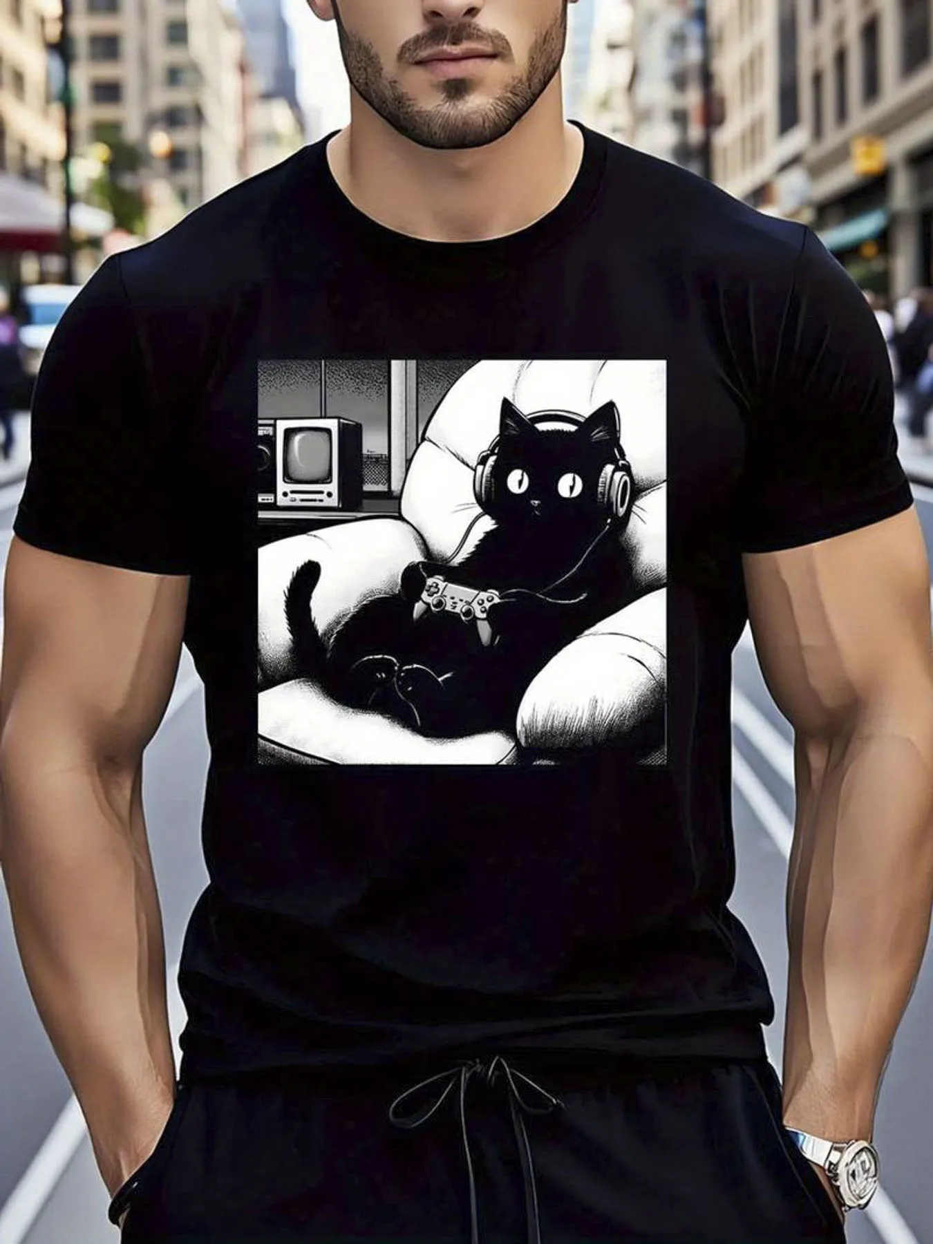 

Pure cotton men's clothing black cat game pattern printed T-shirt round neck men's T-shirt breathable casual sports top